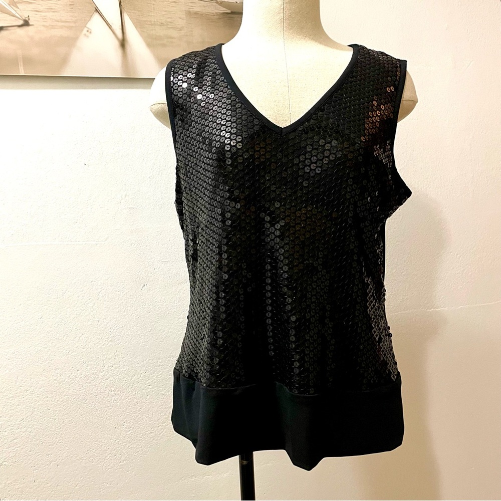 Worthington Black Sequin Tank Top Petite Medium Sparkly V-Neck Evening Top 💃🏼 🪩